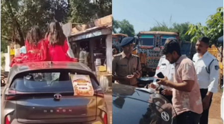 कार की छत पर बैठ गरबा इवेंट का प्रचार कर रही थी युवतियां, पुलिस ने काटा चलान